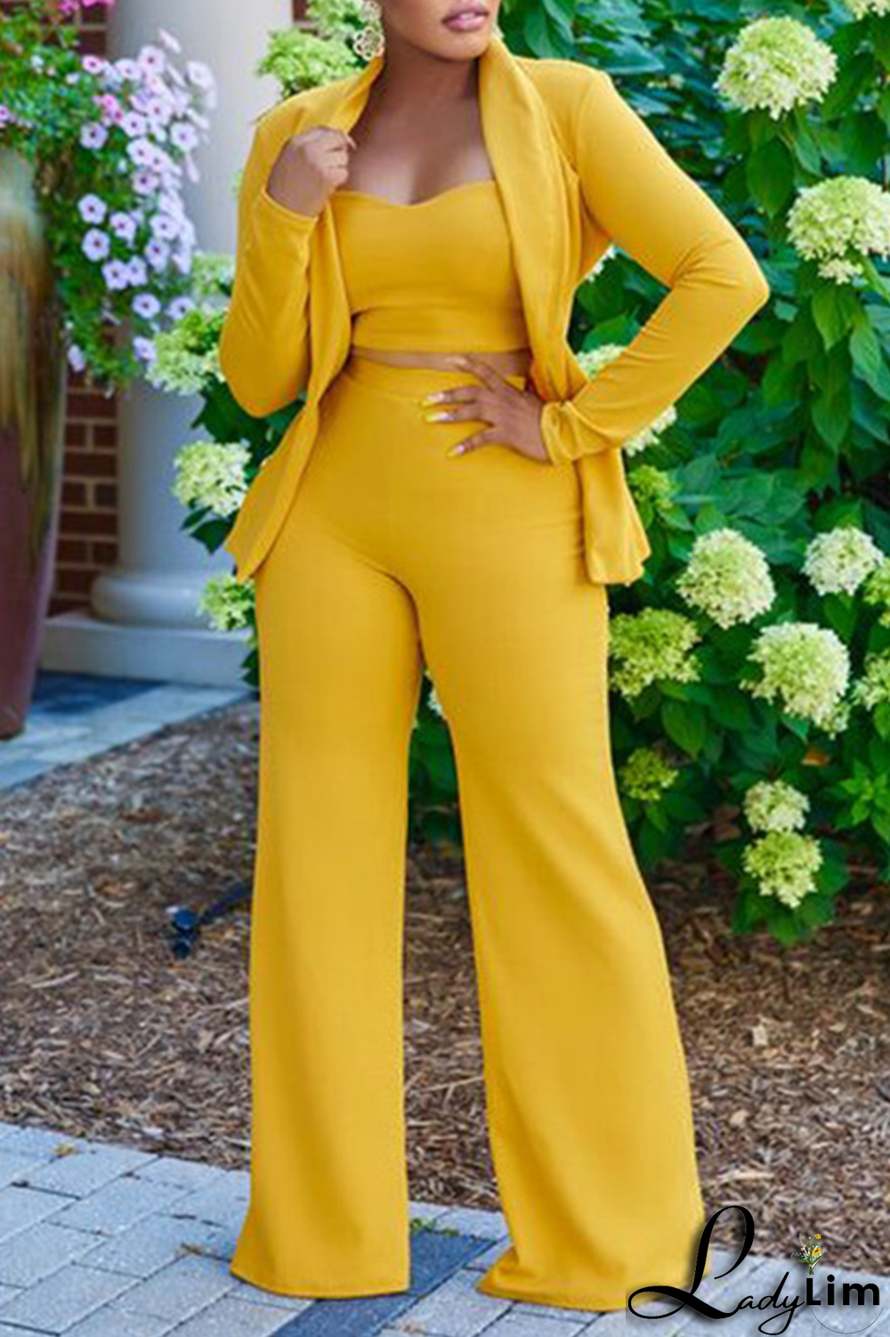 Yellow Casual Solid Patchwork Turndown Collar Long Sleeve Three Pieces