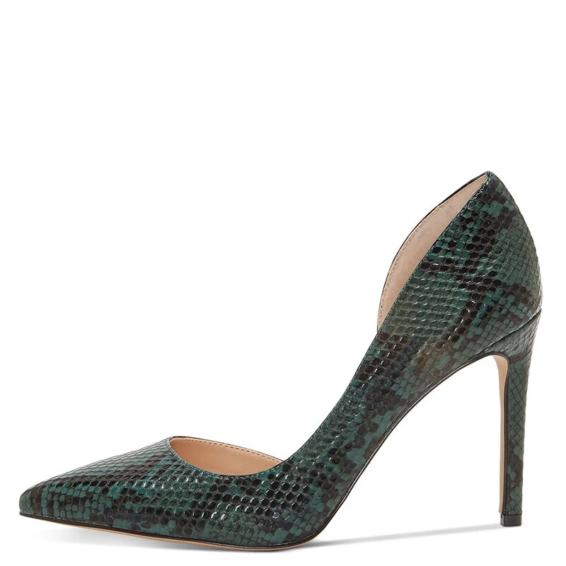 TAAFO Green Snake Skin Embossed Women Pumps High Thin Heels Pointed Toe Lady Shoes