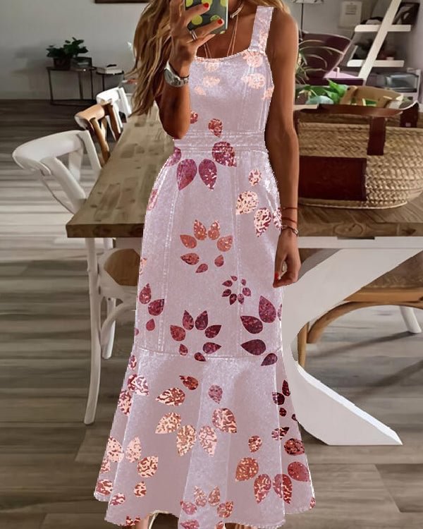 Crew Neck Off Shoulder Printed Denim Waist Fishtail Long Dress