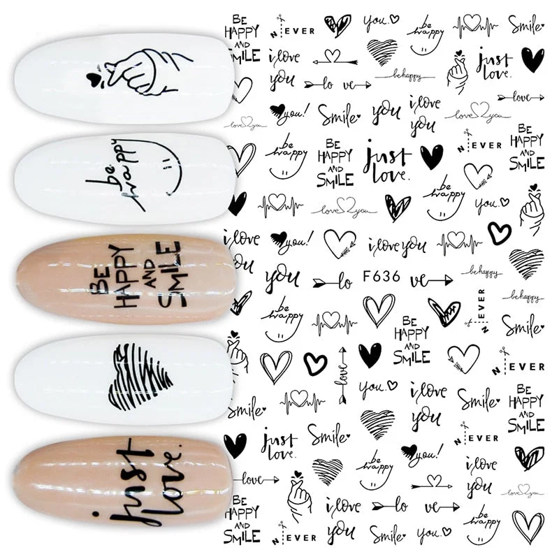 1PC Love Heart Designs 3D Nail Sticker Valentines's Day Black Red Transfer Decals Slider Gifts For Nails Decoration Manicures-Nail Inspo