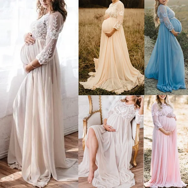 Plus Size Fashion Women Lace Maternity Gown Photography Long Maternity Photo Shoot Dress Plus Size S-5XL