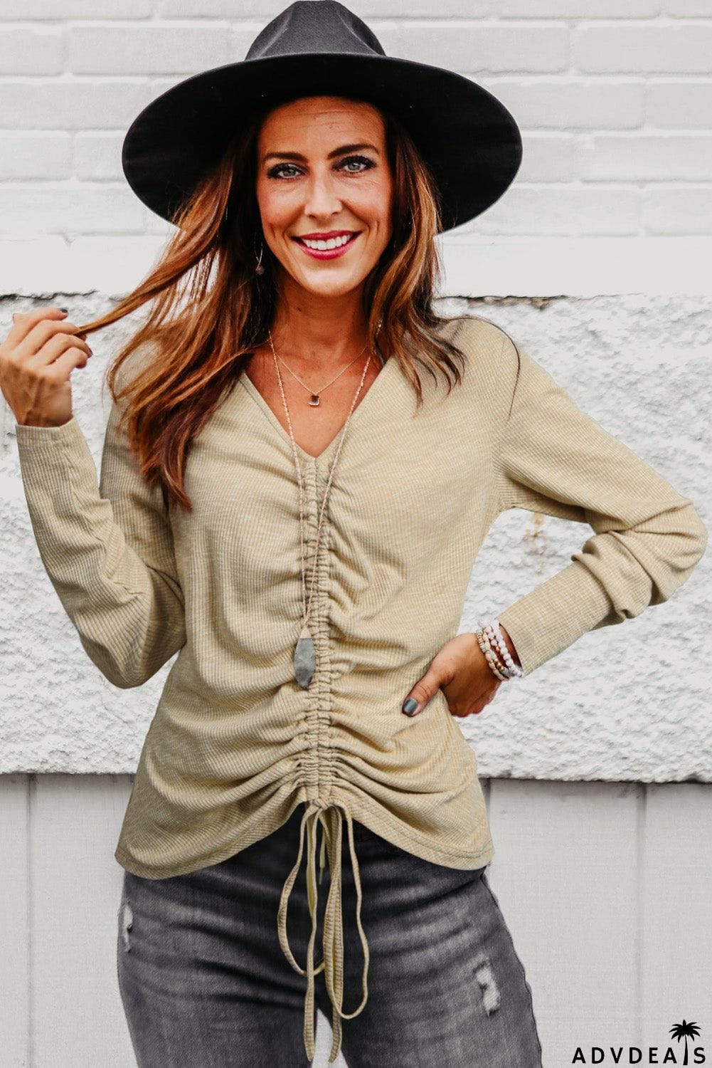 Drawstring Ruched Knit Long Sleeve Top