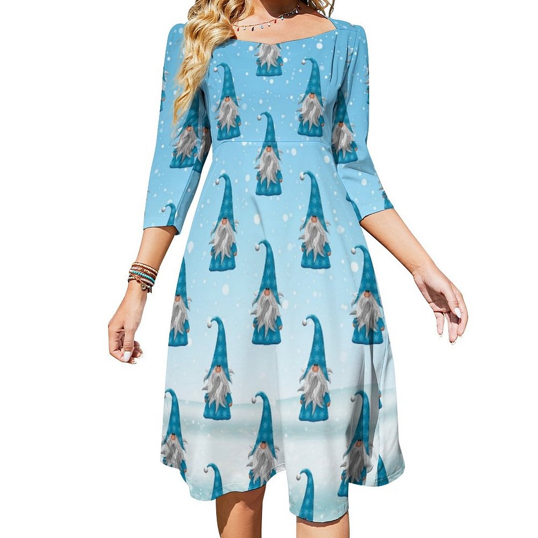 Blue Gnome Pattern Dress Sweetheart Tie Back Flared 3/4 Sleeve Midi Dresses