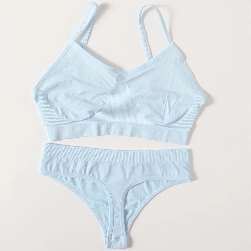 2PCS Women Bra Set Seamless Underwear Sexy Female Bralette Top Backless Bra Thong Panties No-Wired Brassiere Home Lingerie Set