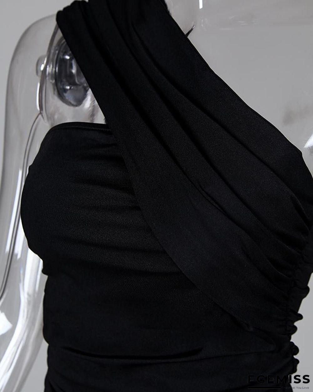 One Shoulder Sleeveless Ruched Bodycon Dress Black Dresses | EGEMISS