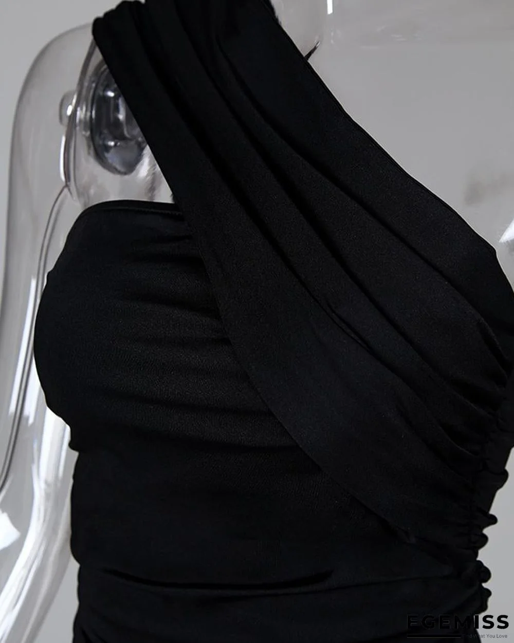 One Shoulder Sleeveless Ruched Bodycon Dress Black Dresses | EGEMISS