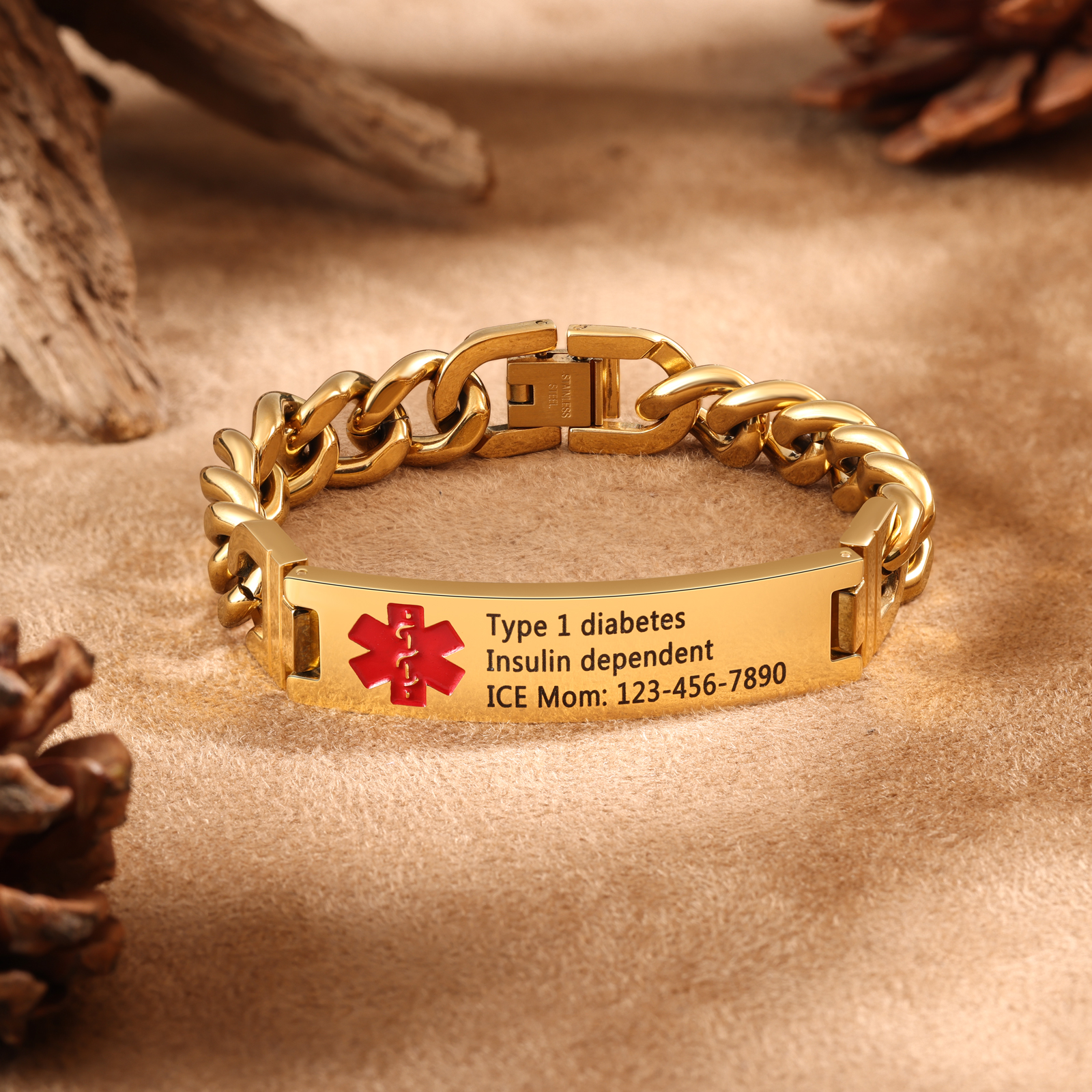 Personalized Medical Alert Bracelet ID Wristbands Stainless Steel Emergency Black Bracelet