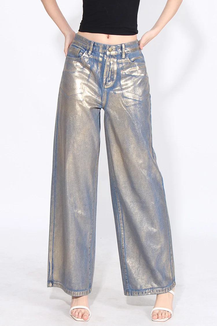 Fashion Metallic High Waist Loose Wide Leg Denim Jeans-Blue