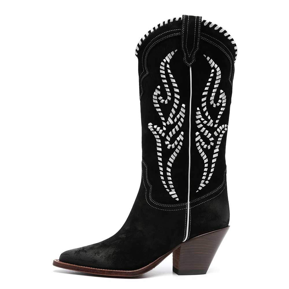 Faux Suede Pointed Ivory Stitched Inlay Wide Calf Cowgirl Boots in Black   