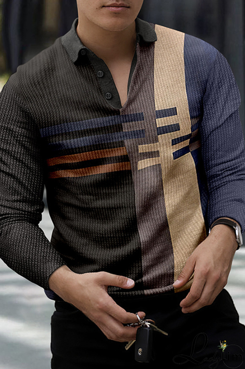 Multicolor Fashion Casual Striped Split Joint Buckle POLO collar Tops