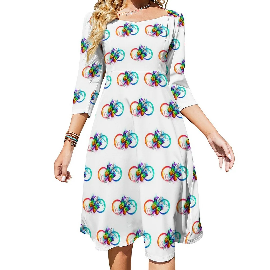 Bright Infinity With Rainbow Butterfly Dress Sweetheart Tie Back Flared 3/4 Sleeve Midi Dresses