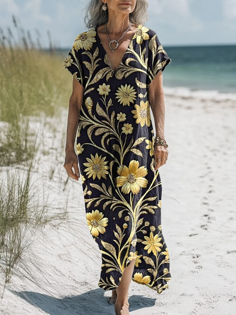 Gold Metallic Floral Pattern Printed Women's Pocket Cotton Dress
