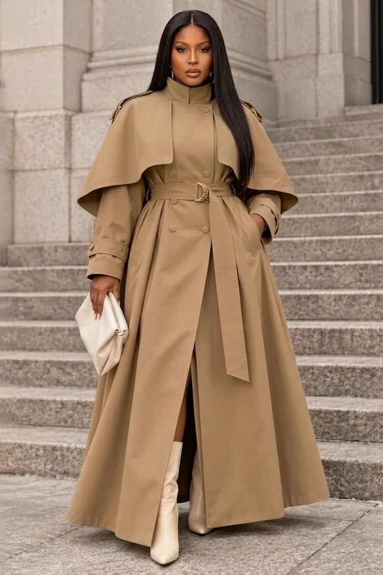 Stand Collar Double Breasted Cape Casual Maxi Trench Coat-Khaki