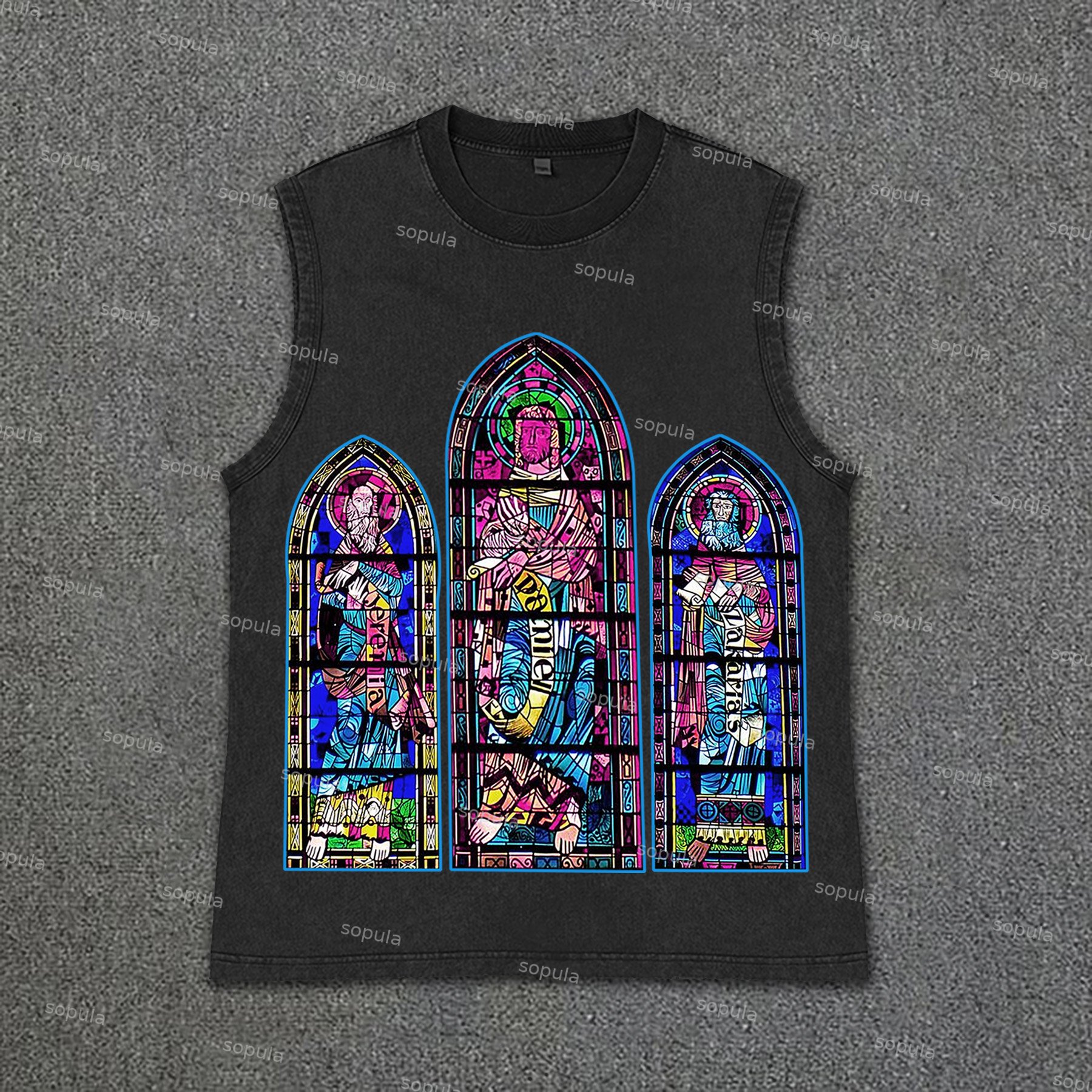 Sopula Men's Vintage Wash Vintage Original Night Glow Textured Stained Glass Print Sleeveless Tank Top - SOPULA