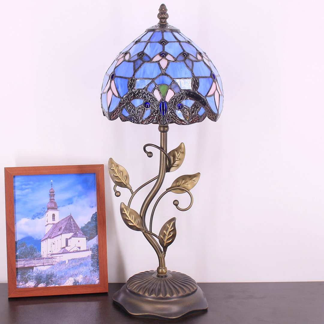 Rustic Tiffany Night Light With 8" Stained Glass Baroque Style Shade 19" Tall Farmhouse Luxury Metal Leaf Accent Table Lamp, Small Cute Bedside Lamp For Bedroom Living Room Library
