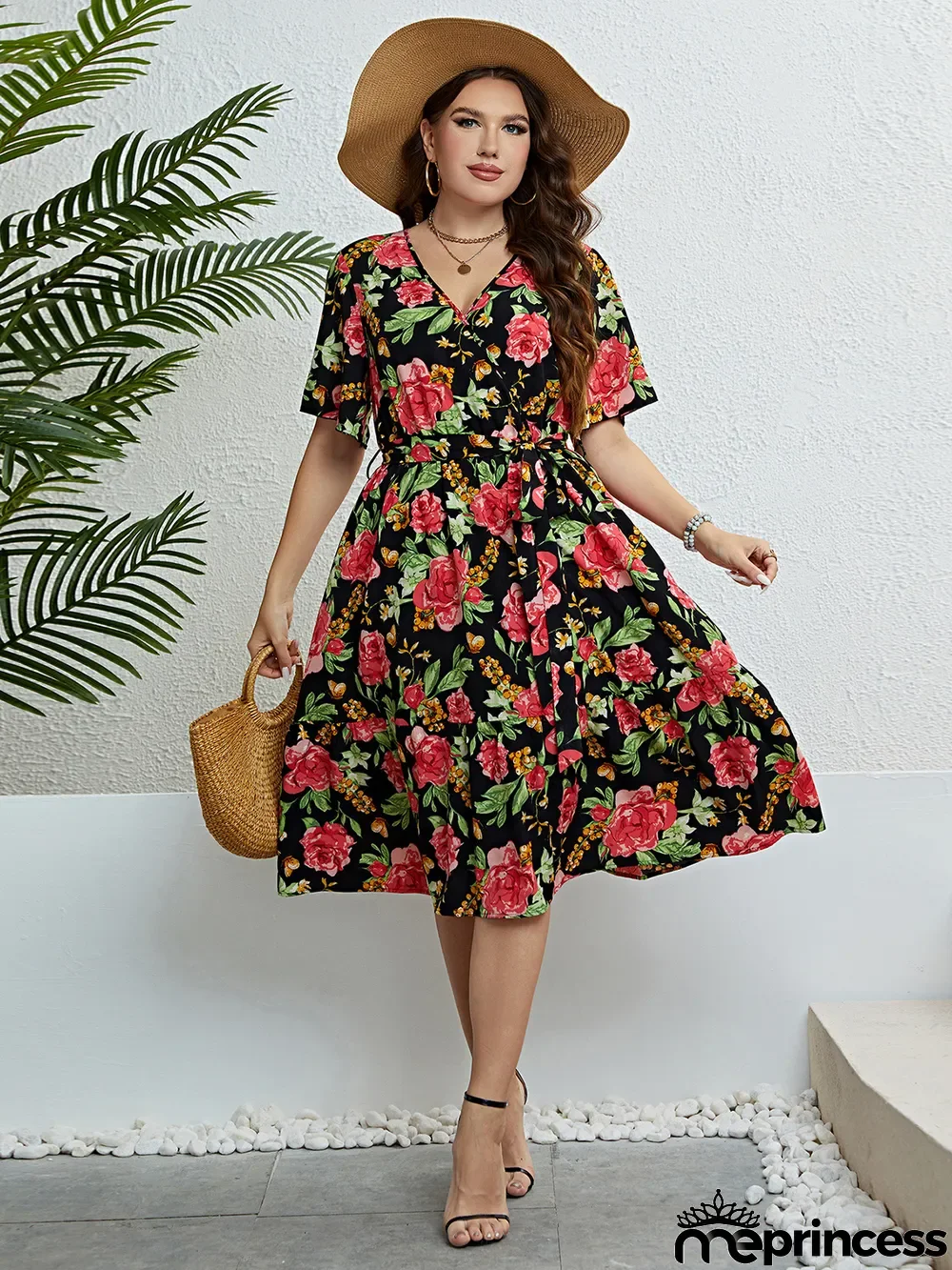 Summer Rose V Neck Slim Waist Slim Fit Dress