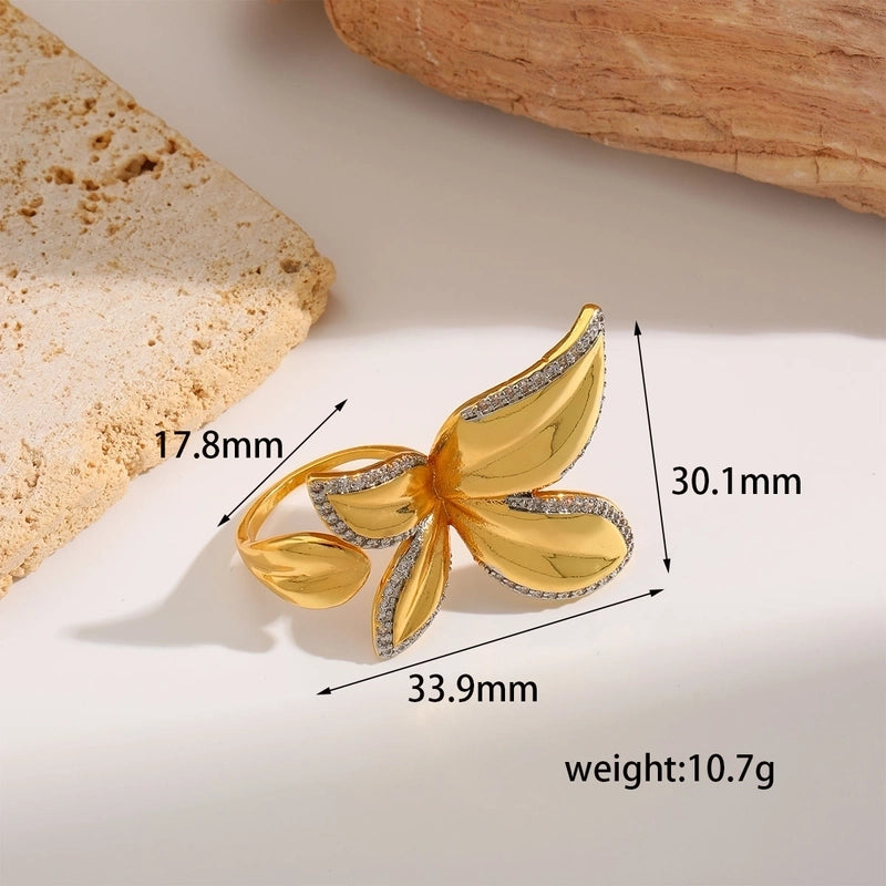 Retro Luxurious Butterfly Copper Imitation Pearl Zircon 18K Gold Plated Plating Inlay Open Rings