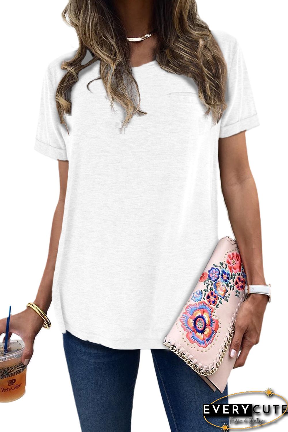 White Solid Color Rolled Short Sleeve T Shirt