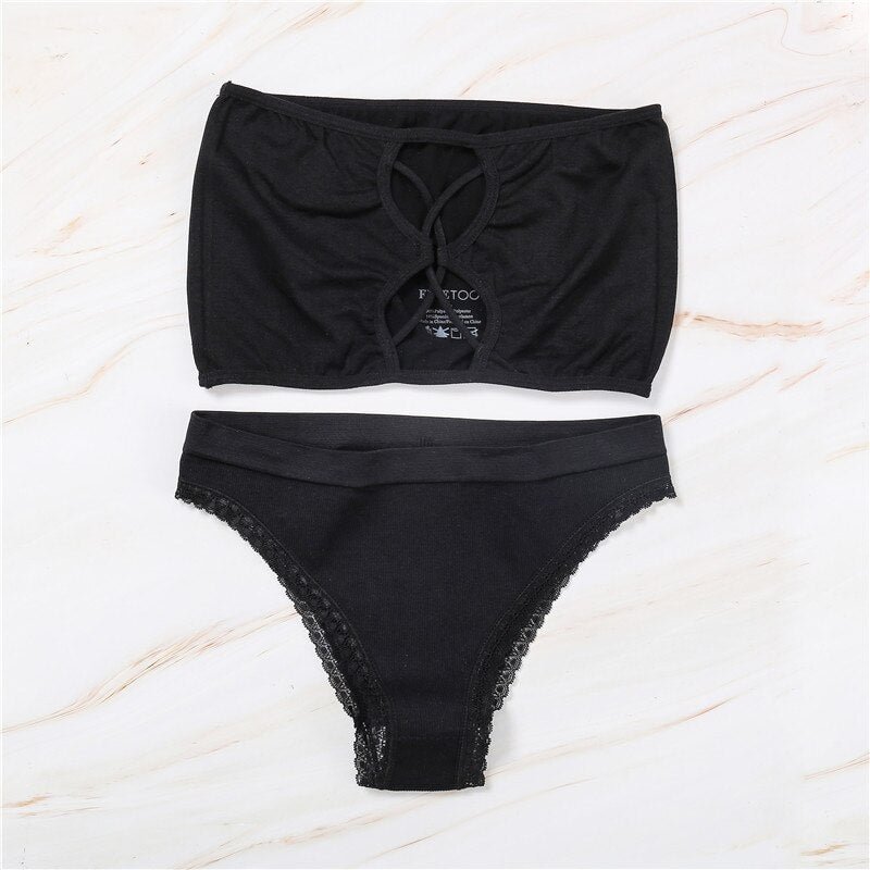 FINETOO Sexy Strapless Women's Underwear Set Seamless Woman Crop Top Suit Front Closure Tank Top + Lace Panty Push Up Lingerie