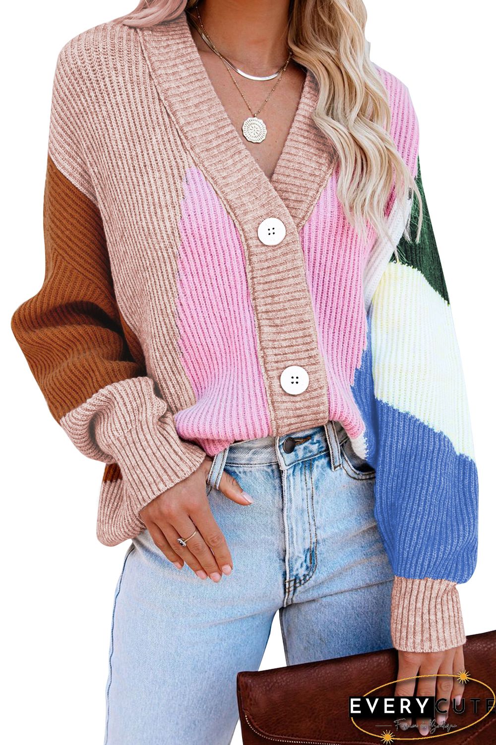 Pink Color Block Buttons Drop-Shoulder Sleeve Cardigan