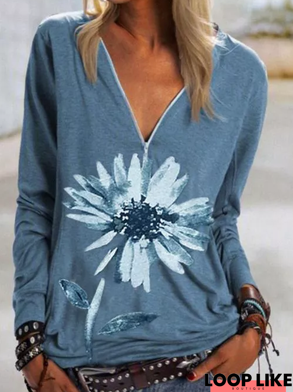 Boho Wool/knitting V Neck Printed Tunic Blouse