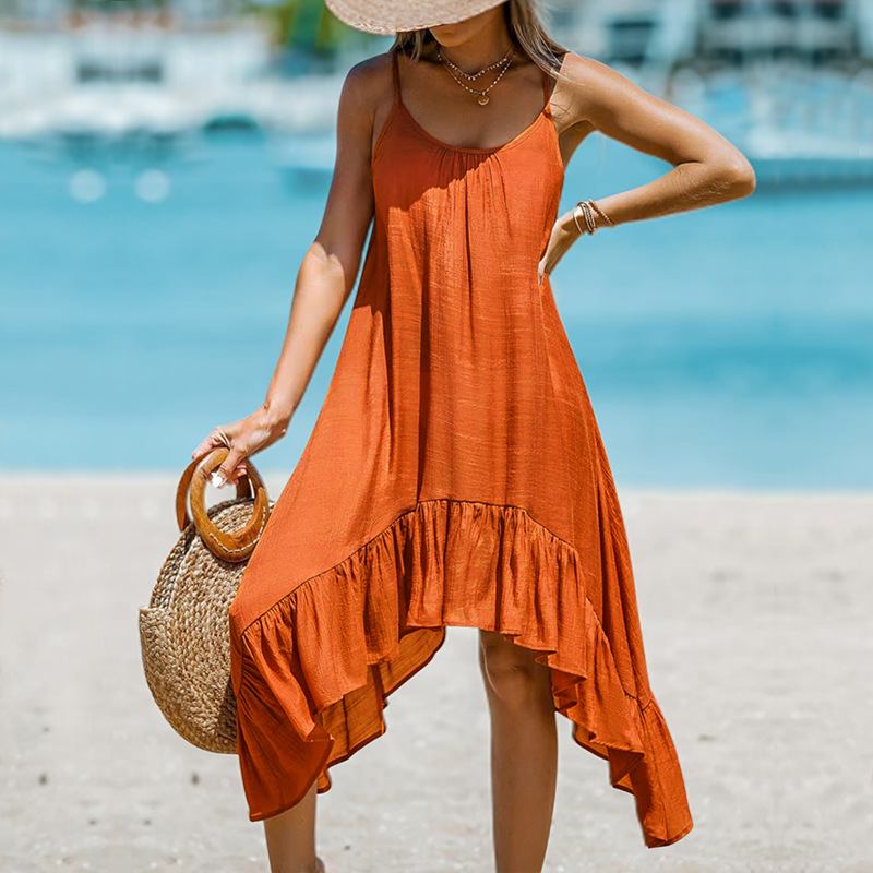 Holiday Style Solid Color Sling Irregular Skirt Casual Dress