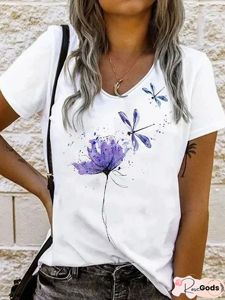 Crew Neck Casual Floral Dragonfly Cotton Blends Shirts & Tops