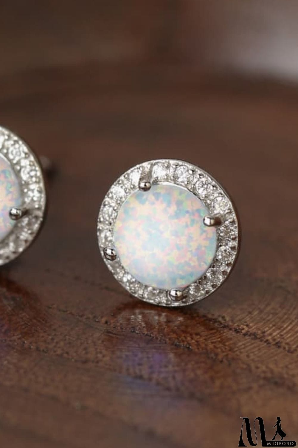 MidiSono - 925 Sterling Silver Platinum-Plated Opal Round Stud Earrings