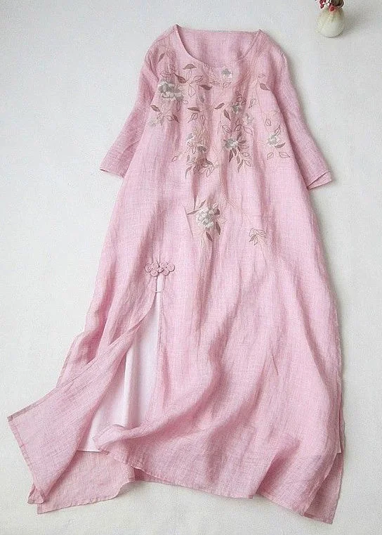 Elegant Pink Print Side Open Cotton Long Dress Summer