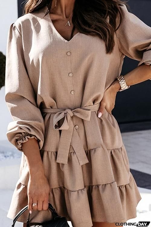 Button Layer Ruffles Long Sleeve Mini Dress