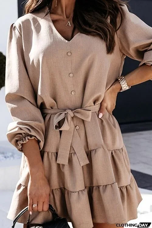 Button Layer Ruffles Long Sleeve Mini Dress
