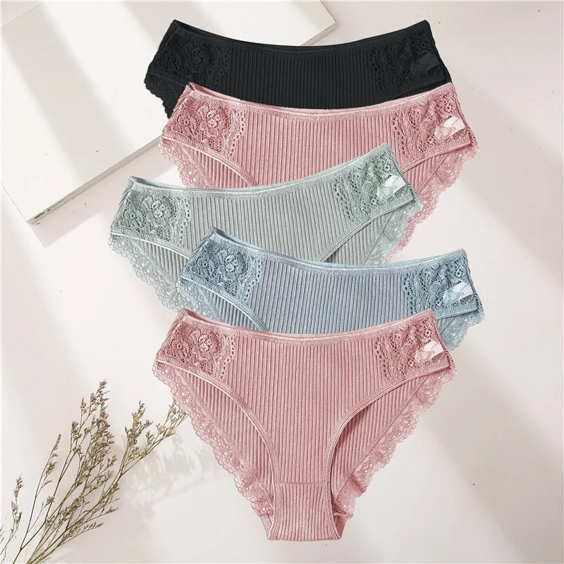FINETOO 5PCS/Set Women Cotton Underwear Panties Floral Lace Soft Intimates Underpant For Woman Sexy Ladies M-XXL Lingerie Panty