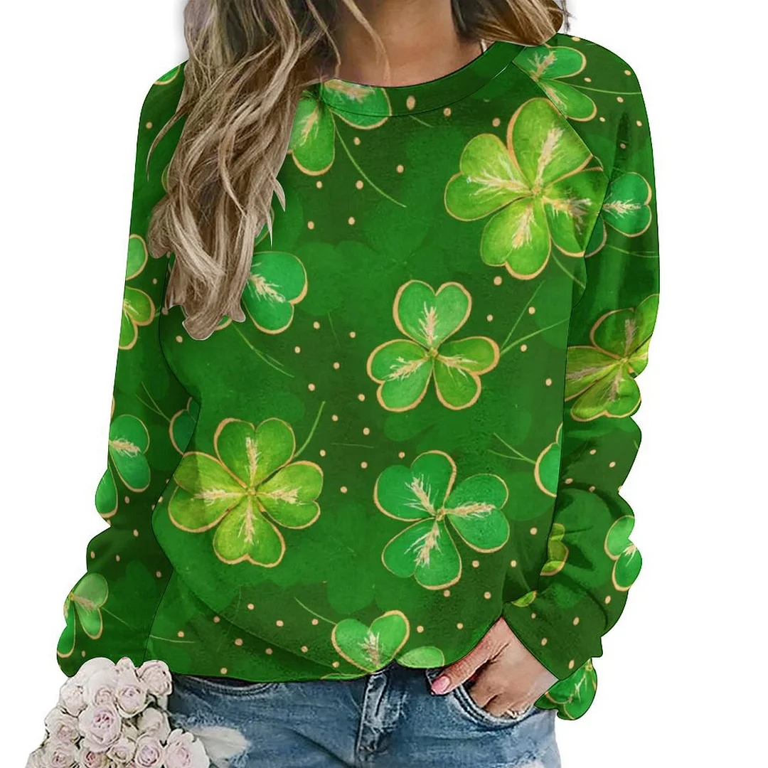Printed Long Sleeve Casual Sweatshirt for  Women and Men Unisex Pattern St. Patrick's Day, Green, Clover, Lucky