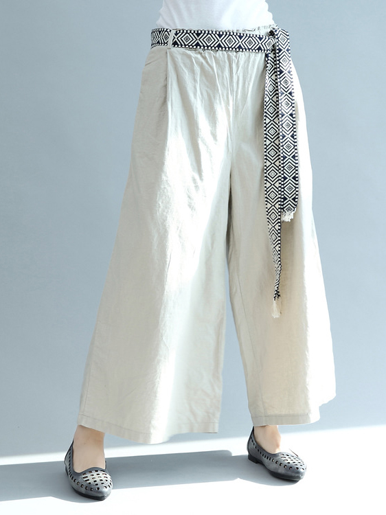 Waist Geometric Patterned Tie Solid Color Wide Leg Pants