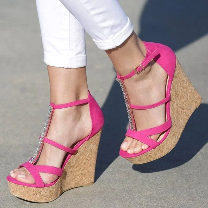 Pink Suede Rhinestone T Strap Cork Wedges Sandals |FSJ Shoes