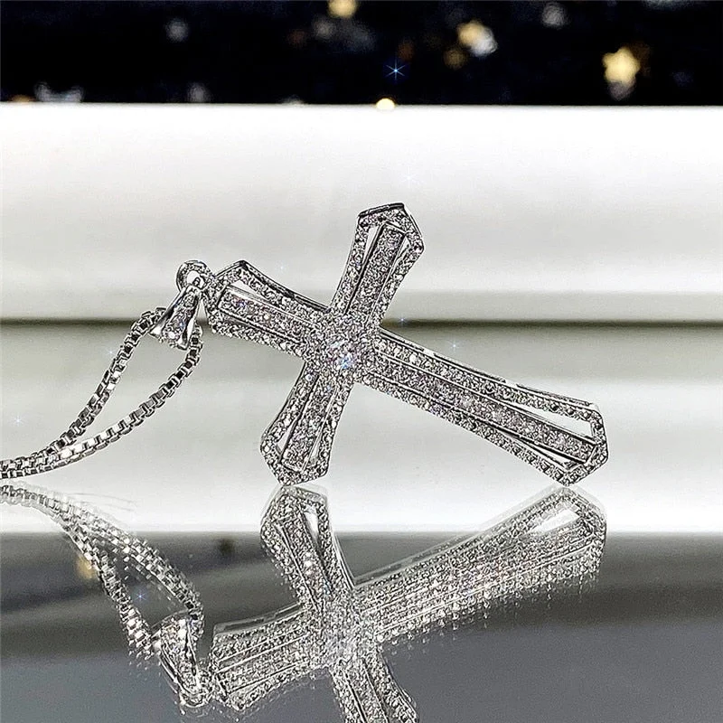 Luxury Full Cubic Zirconia Cross Pendant Necklace for Women Fashion Versatile Necklace Jewelry Party Daily Accessories