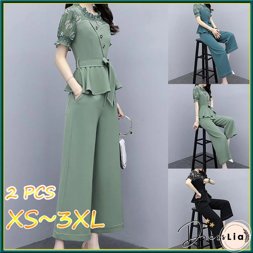 Summer Chiffon Office Two Piece Sets Outfits Women Lace Spliced Belted Tops + Wide Leg Pants Suits Fashion Elegant Sets