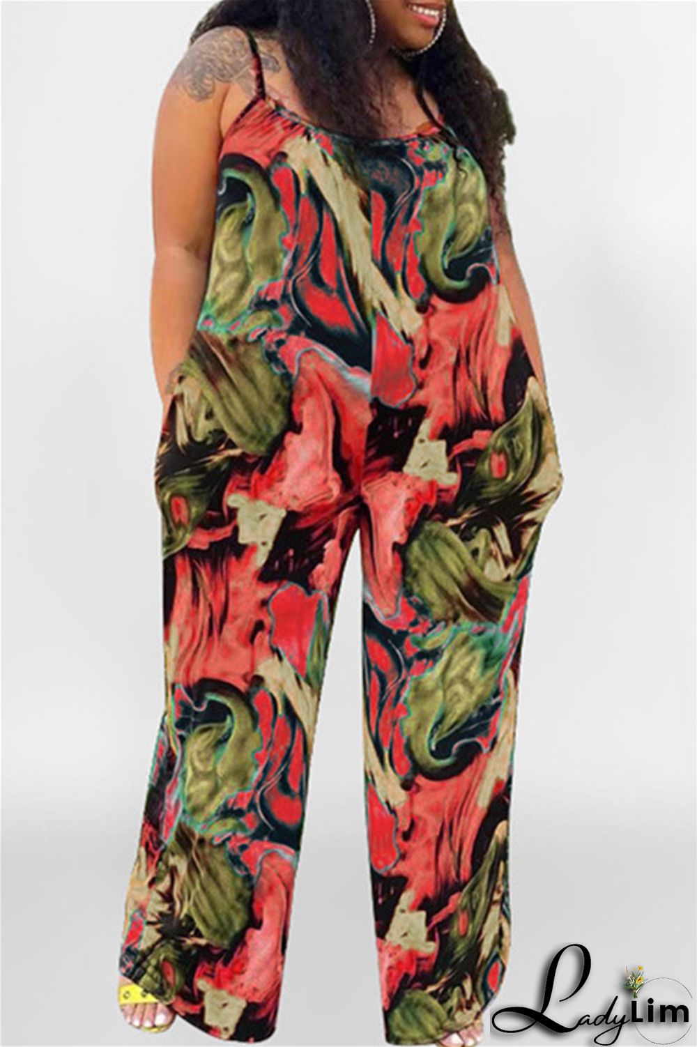 Coffee Sexy Casual Print Backless Spaghetti Strap Plus Size Jumpsuits