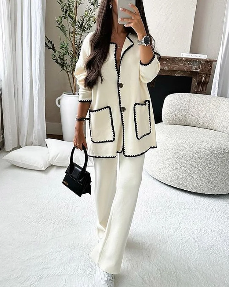 Solid Color Line Decorated Knitted Top & Casual Pants Two-piece Set