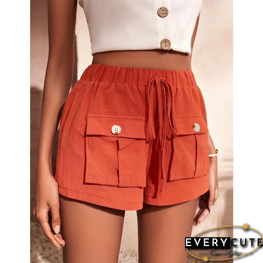 Orange Mid-waist Pocket Overall Shorts