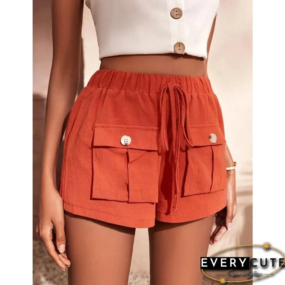 Orange Mid-waist Pocket Overall Shorts