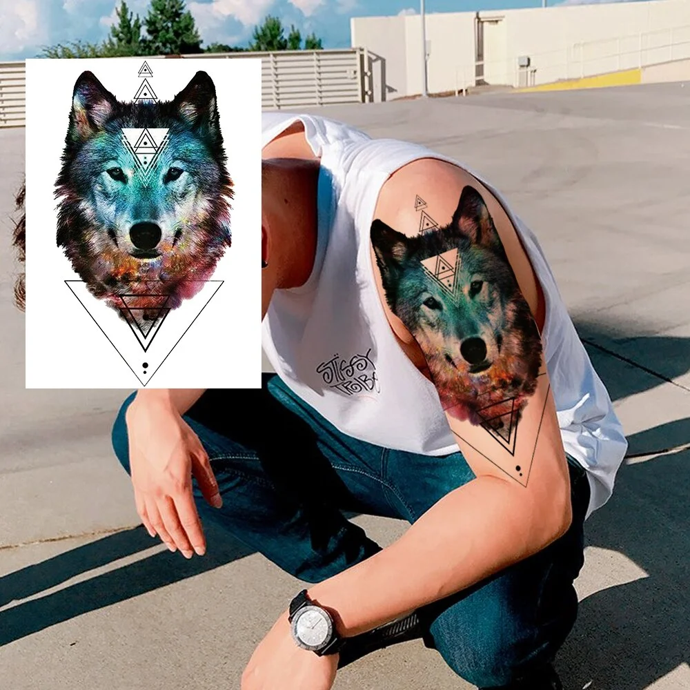 Sdrawing Military Wolf Temporary Tattoos Sleeve For Men Adult Fake 3D Lion Skull Tatoos Sticker Full Arm Warriors Tattoos For Show