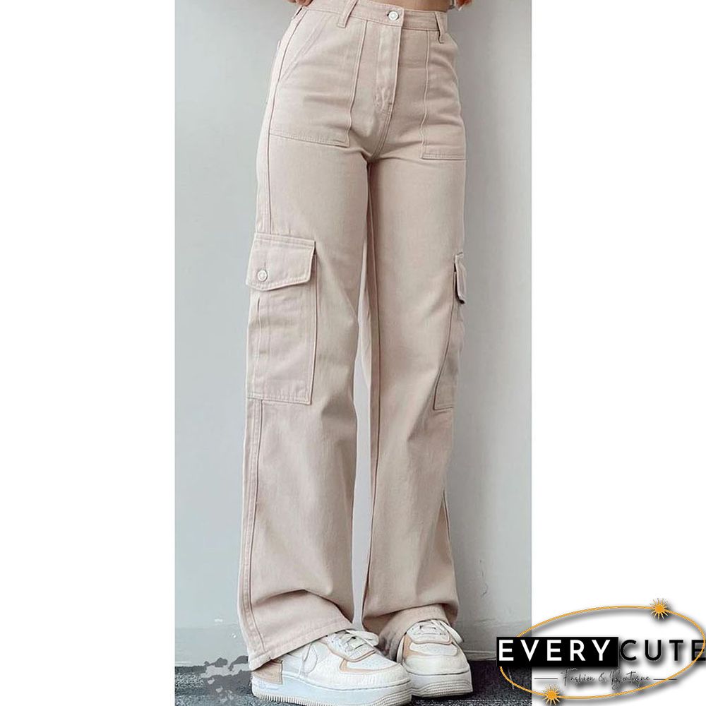 Apricot Mid-waist Pocket Overalls Casual Pant