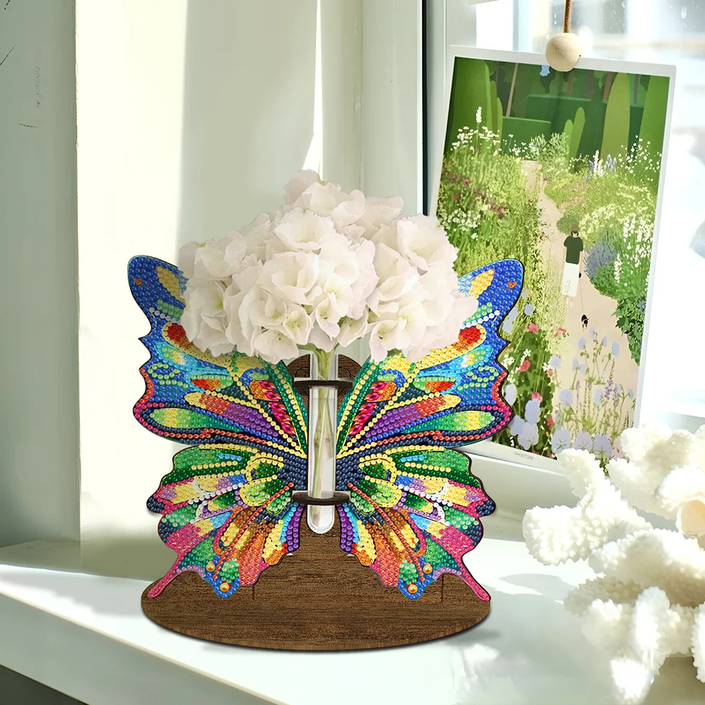 DIY Wooden Butterfly Diamond Painting Flower Vase Ornaments for Home Office Decor