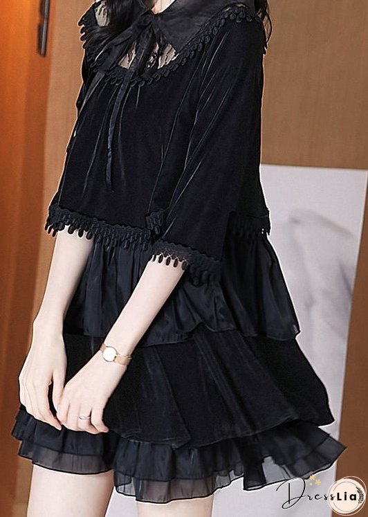 Women Black Ruffled Tasseled Patchwork Velour Mid Dress Fall