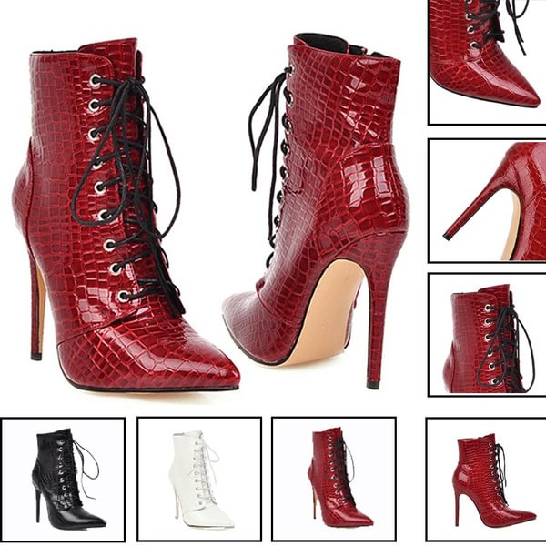 2020 Sexy Ankle Cowboy Boots For Women Shoes Fashion Snake Red White Boots Women Lace Up High Heel Short Boot Autumn Large Size 34- 48 - Life is Beautiful for You - SheChoic