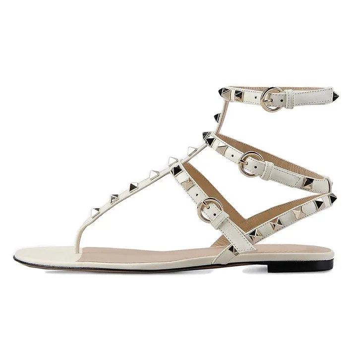 Women's Studded  T-Strap Strappy  Thong  Flats Sandals-vocosishoes