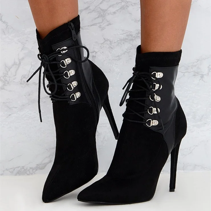 Black Lace Up Boots Pointy Toe Stiletto Heels Ankle Boots with Zipper |FSJ Shoes