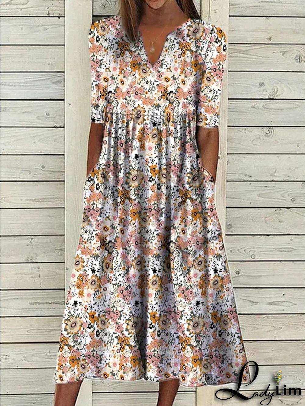 Women's Floral Short Sleeve V-neck Floral Printed Midi Dress with Pockets
