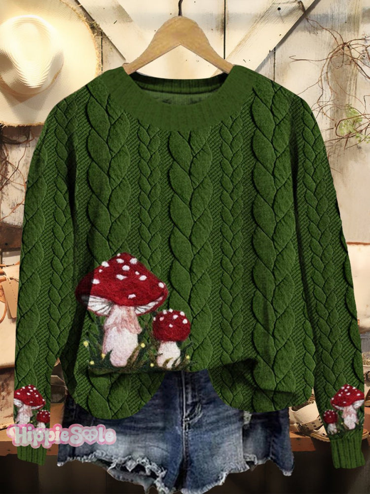 Women’s Mushroom Art Print Crew Neck Casual Knit Pullover Multicolor / S